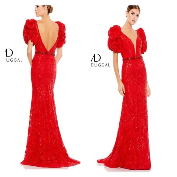 Mac Duggal formal prom quince wedding guest long train dress puff sleeve size 4